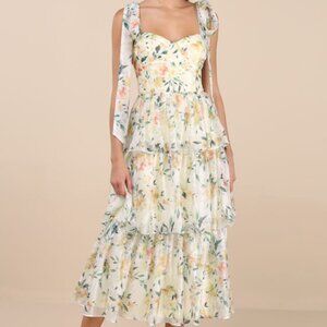 Lulus Svea Light Yellow Floral Tiered Tie-strap Midi Dress - Size M